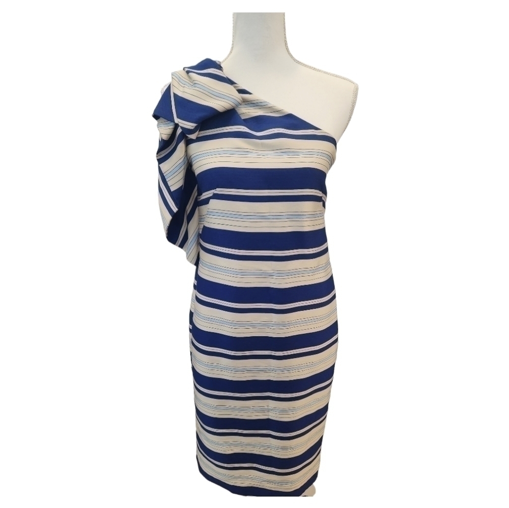 BANANA Republic Women's One Shoulder Knee Length Blue Striped Dress, siz…